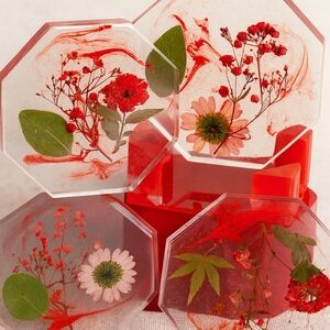 Floral Resin Coasters with Red Accents